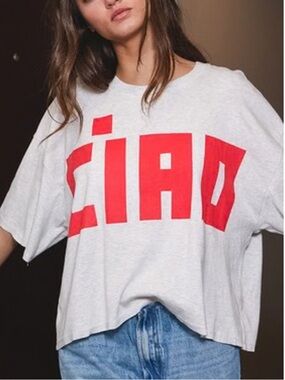 Bucket List Ciao Graphic Jersey Boxy Cropped Gray Tee